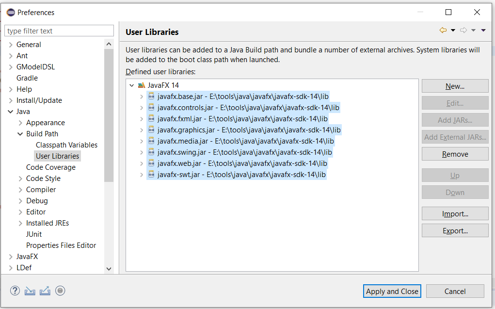 JavaFX SDK - Eclipse - User Library