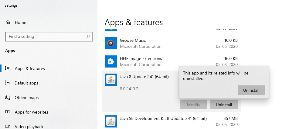 Uninstall Java - Windows - Confirm Uninstall Java - Windows - Confirm