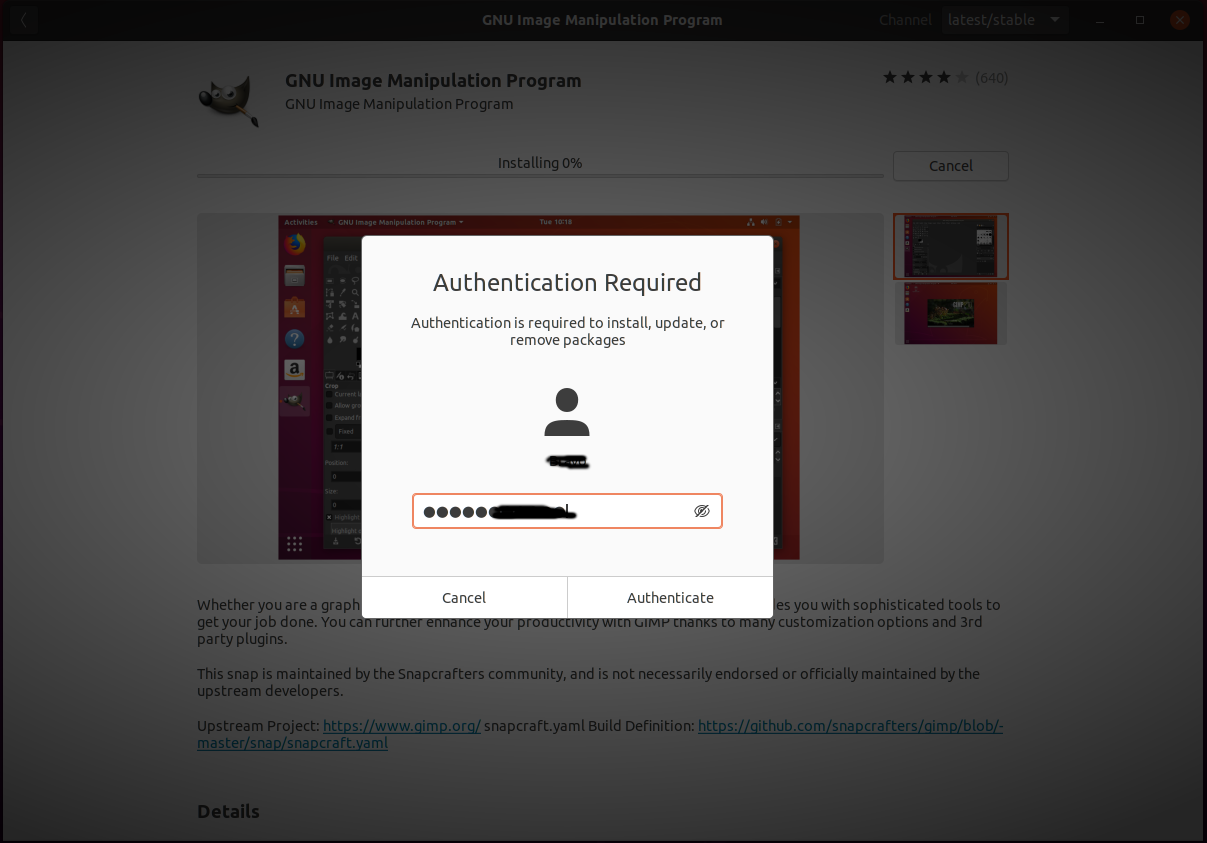 Install GIMP On Ubuntu 20.04 - Authenticate