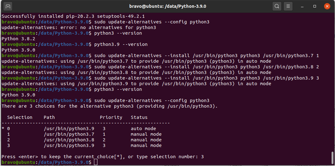 Python 3.9 On Ubuntu 20.04 LTS - Switch Version