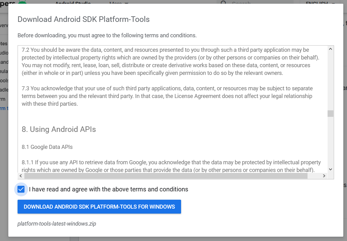 Install Android Platform Tools and SDK Manager on Windows 10 - Platform Tools - License Agreement